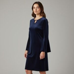 Crown & Ivy Navy Blue Velvet Keyhole Bell Sleeve Shift Dress Size S
